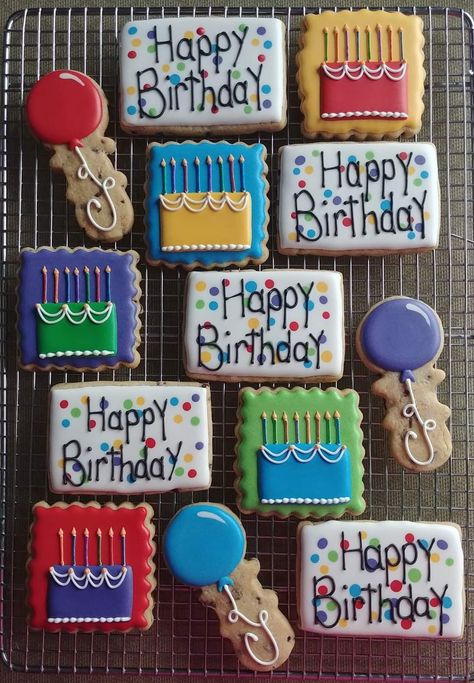 Birthday Cutout Cookies, Celebration Cookies Decorated, Birthday Cake Cookies Royal Icing, Colorful Birthday Cookies, Easy Birthday Cookies Decorated, Happy Birthday Royal Icing Cookies, Boy Birthday Cookies Decorated, Simple Birthday Cookies Decorated, Sugar Cookie Designs Birthday