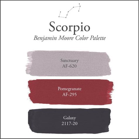 Benjamin Moore on Instagram: “Follow the leader and dig a little deeper with our #Scorpio/#Scorpius (October 23-November 21) color palette. At first glance, this palette…” Scorpio Color, Month Aesthetic, November Colors, Palette Wall, Touch Of Gray, Paint Colors Benjamin Moore, Benjamin Moore Colors, Benjamin Moore Paint, Paint Color Palettes