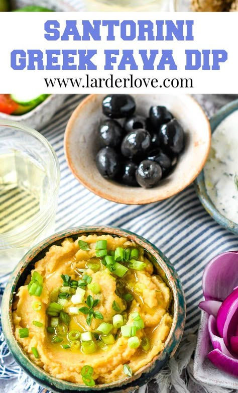 This is Greek fava dip recipe from Santorini where the best yellow split peas are grown. Super easy to make and tastes great too #fava #santorinifavadip #santorinifood #greekdips #greekfavadip #favadip #yellowsplitpeapuree #greekmezze #larderlove Galactic Cowboy, Greek Fava, Greek Picnic, Greek Mezze, Purslane Recipe, Fava Beans Recipes, Diane Kochilas, Yellow Split Pea, Pea Puree