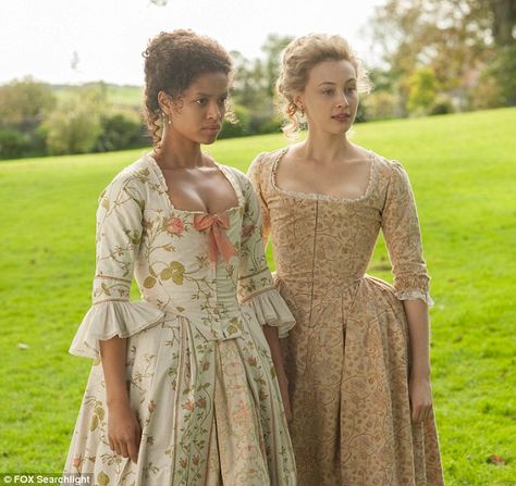 "Belle" is a lovely film set in the late 18th century, based on true events. Gugu Mbatha-Raw, left, and Sarah Gadon on set Scenario Prompts, 1700 Dresses, Belle Movie, French Dresses, Mbatha Raw, Emily Watson, Gugu Mbatha Raw, Sarah Gadon, 18th Century Dress