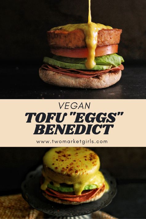 Vegan English Muffin Breakfast, Vegan Eggs Benedict, Vegan Benedict, Vegan Brunch Party, Vegan English Muffins, Vegan Hollandaise, Tofu Eggs, Vegan Ham, Vegan Hollandaise Sauce