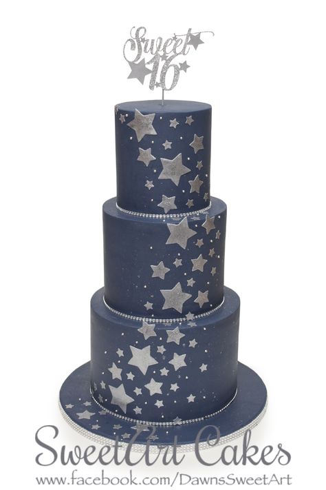 Under the Stars cake, sweet 16 cake, stars cake, birthday cake Under The Stars Cake, Cake Sweet 16, Galaxy Desserts, Sweet 16 Candy, Stars Cake, Sparkly Cake, Blue Sweet 16, Quince Cake, Sweet 15 Party Ideas Quinceanera