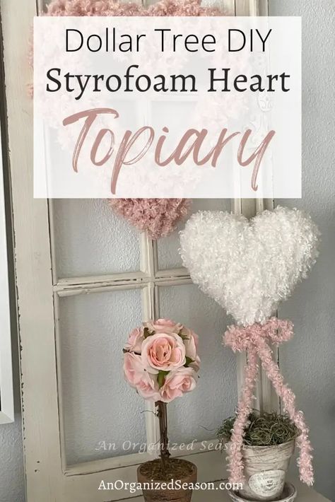 Do you love topiaries? I'm going to show you how to take a Dollar Tree styrofoam heart and turn it into a beautiful DIY topiary to decorate for Valentine's Day! Learn how to make a topiary using Teddy Bear yarn and a styrofoam heart. This is a simple DIY project so grab your glue gun and let's get started! Please pin this and follow us for more DIY and seasonal decor inspiration! Valentines Decor Dollar Tree, Dollar Tree Puffy Styrofoam Heart, Easy Valentine Centerpieces, Valentines Day Topiary Diy, Valentines Topiary Diy, Valentine Diy Ideas, Tin Hearts Diy, Heart Topiary Diy, Styrofoam Diy Ideas