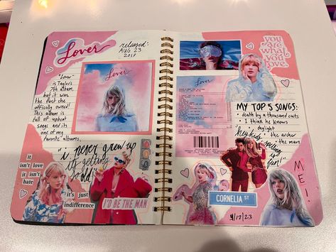 Taylor Swift Lover Scrapbook, Lover Scrapbook Taylor Swift, Lover Journal Taylor, Taylor Swift Journal Ideas Lover, Taylor Swift Lover Journal, Songbook Aesthetic, Scrapbook Music Ideas, Scrapbook Inspiration Aesthetic, Song Journal Aesthetic