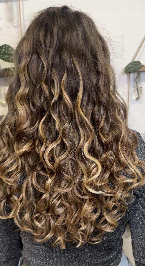 2b Hair With Highlights, Hair Color Ideas Wavy Hair, 2c Hair With Highlights, Long Curly Highlighted Hair, Natural Wavy Hair Highlights, Long Layers With Curly Hair, Caramel Highlights On Brown Hair Curly, Curly Brown Hair Highlights, Highlights For Wavy Hair