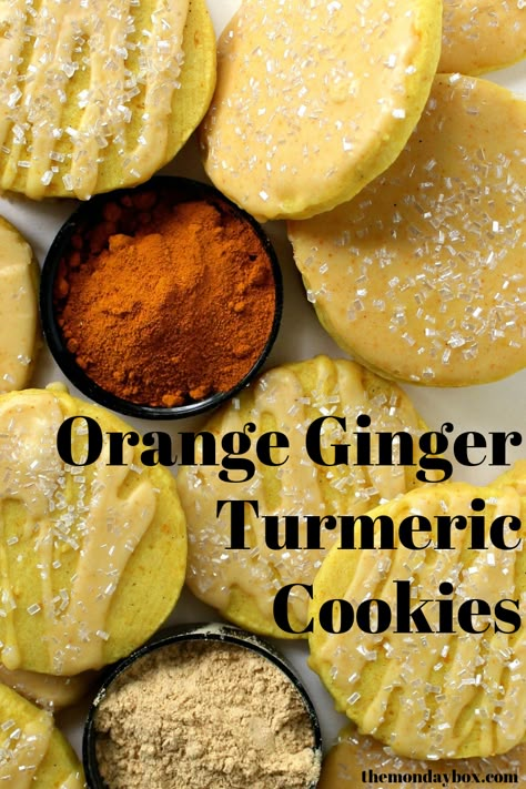 Orange Ginger Turmeric Cookies are super simple, citrus-y biscuits with a bit of zing! A touch of turmeric creates smooth warmth and yellow color to the easy slice and bake dough. #sliceandbake #themondaybox #cookies #turmeric #orange #ginger Ginger Baked Goods, Turmeric Balls Recipes, Ginger Turmeric Cookies, Ginger Orange Cookies, Turmeric Cookie Recipes, Turmeric Dessert, Ginger Dessert Recipes, Turmeric Cookies, Herbal Cookies