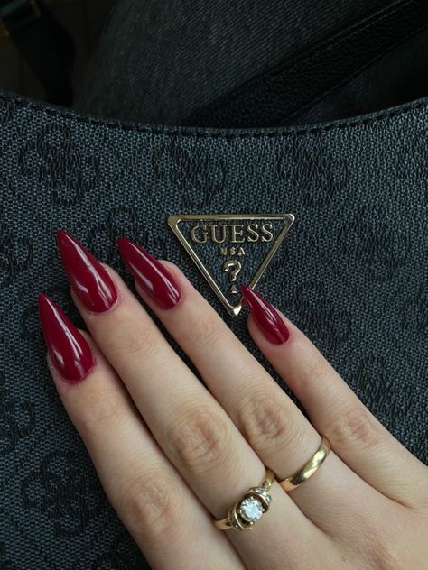 Red Nails On Pale Skin, Red Nails Nail Art, Nails Pale Skin Tone, Cherry Red Nails Coffin, Dark Red Nails Pale Skin, Red Nails Inspiration, Dark Cherry Red Nails Coffin, Dark Red Nails Pointy, Wine Nails