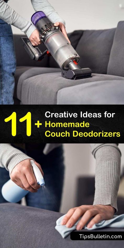 Discover how to remove bad odors from a fabric or leather sofa. It’s relatively easy to eliminate a musty odor or dog smell from upholstery with a vacuum and carpet deodorizer, white vinegar, baking soda, or a DIY upholstery spray. #homemade #deodorizer #couch Couch Deodorizer, Deodorize House, Homemade Couch, Dog Deodorizer, Diy Cleaner, Pet Odor Remover, Carpet Deodorizer, Odor Absorber, Sofa Cleaning