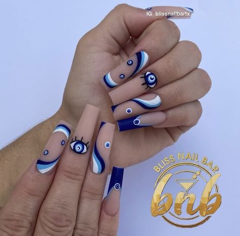 Evil Eye Acrylic Nail Designs, Turkish Eye Nails, Evil Eye Nails, Business Nails, Acrylic Nails Coffin Pink, Get Nails, Acrylic Nails Coffin, Nail Games, Holiday Nails