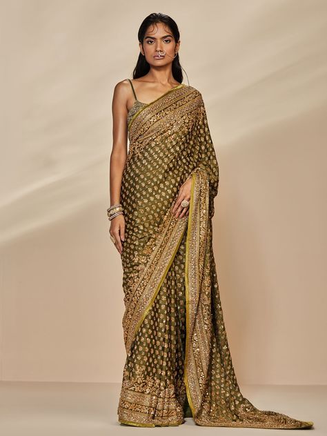 Ritu Kumar Khaki Sania Embroidered Paisley Saree With Unstitched Blouse USD 5,972 Ri Ritu Kumar, Ritu Kumar Saree, Cape Blouse, Black Silk Blouse, Corset Blouse, Ritu Kumar, Bridal Silk Saree, Embellished Blouse, Blouse For Women