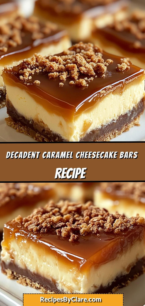 Indulge in the luxurious sweetness of Caramel Cheesecake Bars. These bars feature a buttery graham cracker crust, a rich and creamy cheesecake layer, and a decadent drizzle of caramel. Perfectly balanced with a hint of sea salt, they make for an irresistible dessert that's sure to impress.

Ingredients:

1 1/2 cups graham cracker crumbs
2 (8 oz) packages cream cheese, softened
1/2 cup caramel sauce
3 large eggs Pumpkin Crème Brûlée Cheesecake Bars, Pretzel Cheesecake Dessert, Super Sweet Desserts, Maple Bacon Cheesecake Recipe, Salted Caramel Cheesecake Bars, Easy Friendsgiving Desserts, Baked Dessert Ideas, Salted Caramel Cheesecake Cookies, Caramel Recipes Desserts