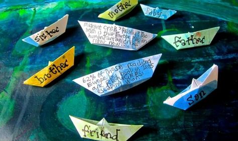 Refugee art Immigration Art, Refugee Week, Refugees Art, Arts And Crafts Bungalow, Paper Boats, Protest Art, Paper Wall Hanging, Cross Art, Boat Art