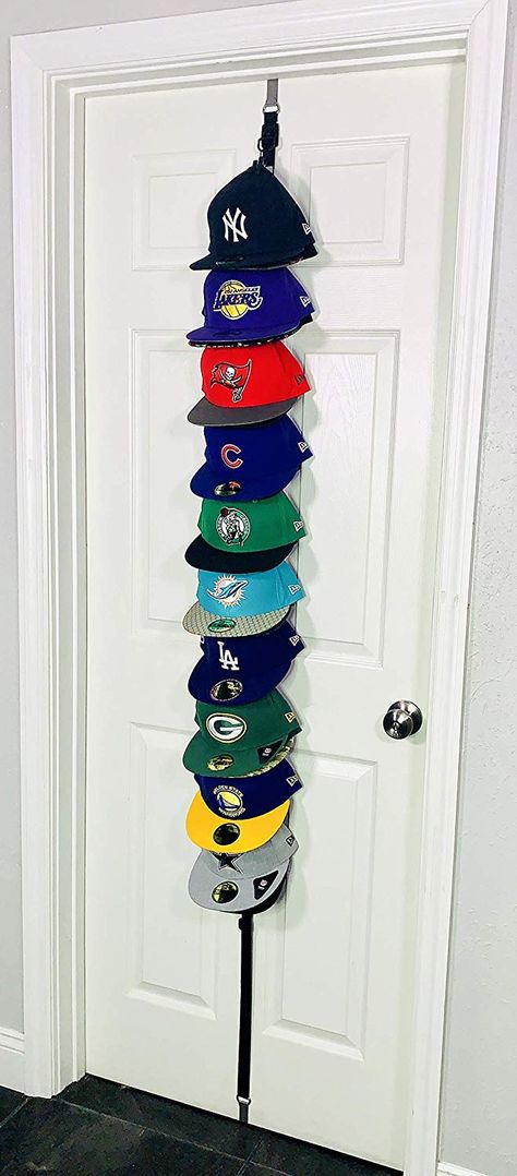 Hanging Closet Doors, Hat Hanging Ideas, Closet Wall Organizer, Baseball Hat Storage, Hang From Ceiling, Baseball Hat Racks, Baseball Caps Storage, Shoe Organization Diy, Clip Hanger