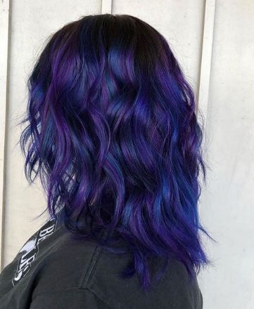 Deep Violet Black And Blue Hair Color Ideas Dark Blue Violet Hair, Dark Blue And Purple Hair Ombre, Blue And Purple Hair Medium Length, Blue Galaxy Hair, Blue Purple And Black Hair, Dark Blue And Dark Purple Hair, Midnight Blue And Purple Hair, Blurple Hair Color, Blue And Purple Balayage