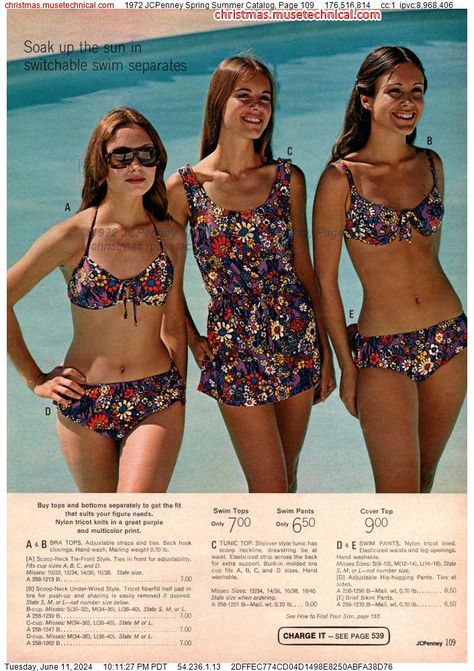 1972 JCPenney Spring Summer Catalog, Page 109 - Catalogs & Wishbooks 70s Bikinis Vintage, 70s Swimwear, Vintage Beach Party, 70s Beach, 1970's Fashion, Vintage Bathing Suits, 70s Women, 70s Aesthetic, Disco Era