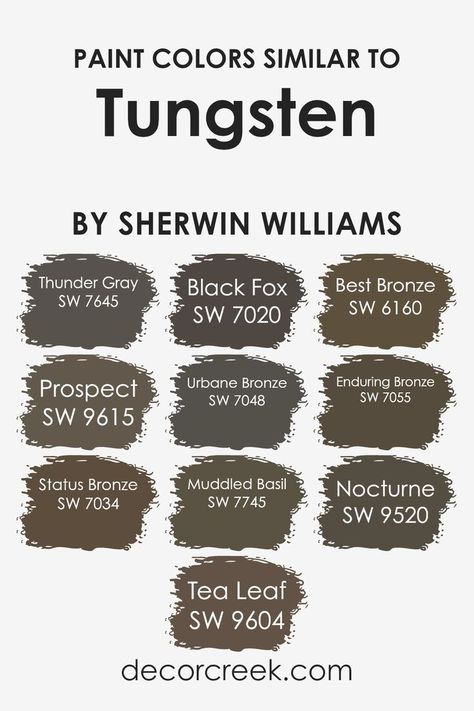 Similar colors like Tungsten by Sherwin Williams play a crucial role in design, offering cohesion and subtlety. Exploring related hues allows for balanced environments that feel both designed and organic. Recommended colors: SW 7645 Thunder Gray, SW 9615 Prospect, SW 7034 Status Bronze, SW 9604 Tea Leaf, SW 7020 Black Fox, SW 7048 Urbane Bronze, SW 7745 Muddled Basil, SW 6160 Best Bronze, SW 7055 Enduring Bronze, SW 9520 Nocturne. Tungsten Sw Paint, Sw Enduring Bronze, Sw Stunning Shade, Sw Muddled Basil, Sherwin Williams Bronze Urbane, Sealskin Sherwin Williams Exterior, Tungsten Sherwin Williams, Status Bronze Sherwin Williams, Enduring Bronze Sherwin Williams