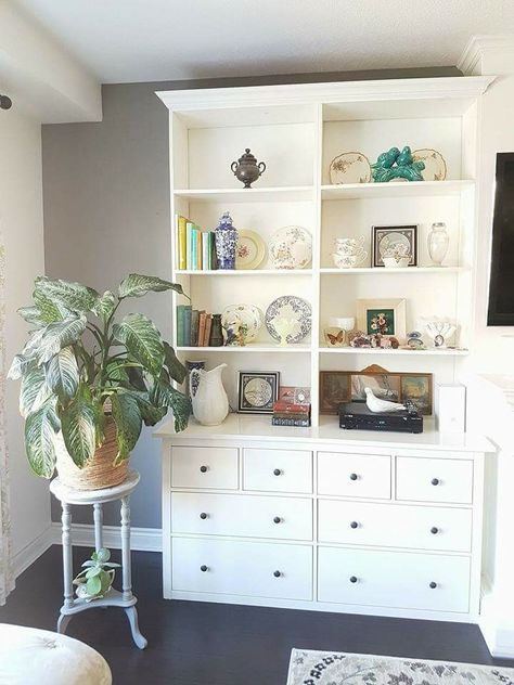 Hemnes dresser hack Dresser With Bookshelf On Top, Dresser Bookshelf Combo, Hemnes Dresser Hack, Ikea Hemnes Cabinet, Bookshelf Dresser, Dresser Bookcase, Small Office Furniture, Ikea Hemnes Dresser, Hemnes Dresser