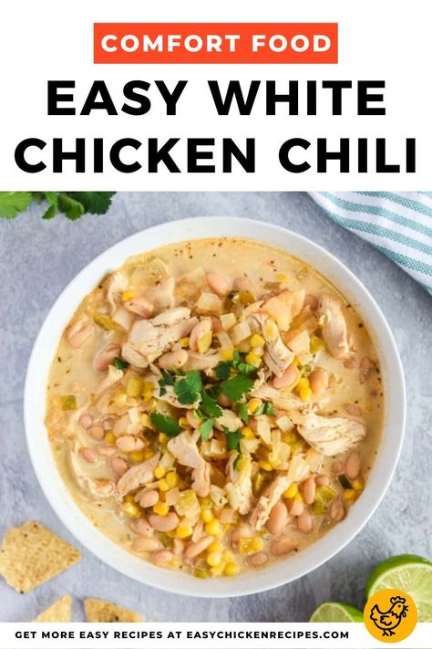 Chili is one of the best cold-weather dishes. This Easy White Chicken Chili uses chicken breasts and white beans, seasoned to perfection, for a twist on the regular bowl of red. It’s soothing comfort food. Pop over to my site for the recipe! | dinner ideas | chicken recipes | one pot meals | Easy White Chicken Chili, Chili Recipe Stovetop, Chili Easy, White Chicken Chili Recipe, Chicken Chili Crockpot, White Bean Chili, Pot Making, White Chili Chicken Recipe, Chili Recipe Crockpot