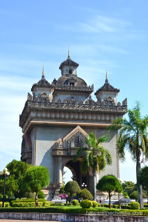 The imposing #Patuxay Monument in #Vientiane #Laos. - www.bewarethecheese.com #photography #travel #Asia #SouthEastAsia Laos Architecture, Laos Landscape, Vientiane Laos, Vientiane, Travel Asia, Countries To Visit, Vacation Resorts, Travel Board, Photography Travel