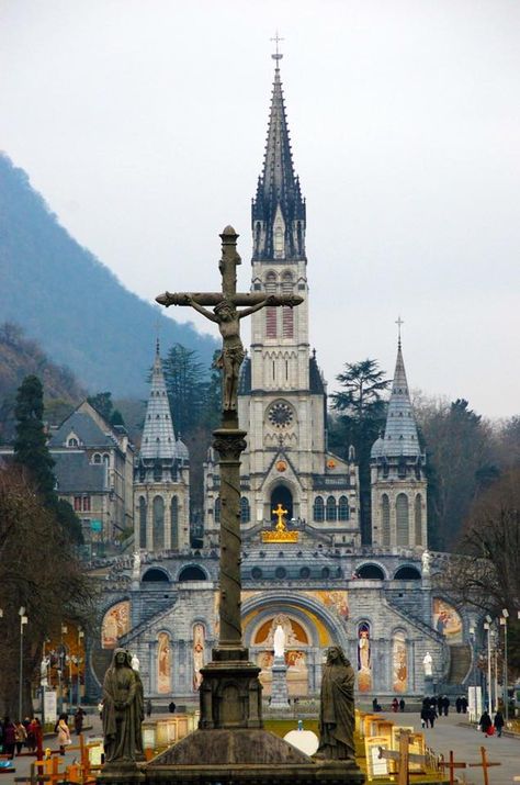 The Basilica of Our Lady of the Rosary (Notre Dame du Rosaire de Lourdes in French), Lourdes, France.  The Basilica was the third church built on the site, alongside other Marian churches. Completed in 1899 and consecrated in 1901, it is specifically dedicated to the Rosary, even in its very architecture.  Indeed, the nave is surrounded by fifteen smaller side chapels, one for each of the Mysteries of the Rosary. On the left of the nave are found the Joyful Mysteries, in the centre are the Sorro Cross Sculpture, Pyrenees Mountains, Our Lady Of The Rosary, Lady Of The Rosary, St Bernadette, Lourdes France, Miraculous Healing, Our Lady Of Lourdes, Religious Architecture