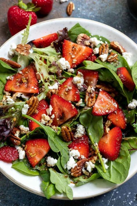 This Strawberry Spinach Salad with Homemade Balsamic Vinaigrette Dressing comes together in no time for a fresh and flavorful side salad or light dinner. #SummerSaladSensations Salad Recipes Strawberry, Spinach Salads, Strawberry Spinach Salad, Homemade Balsamic Vinaigrette, Light Summer Meals, Turkey Meatballs Baked, Balsamic Vinaigrette Dressing, Spinach Salad Recipes, Oven Baked Chicken Breasts