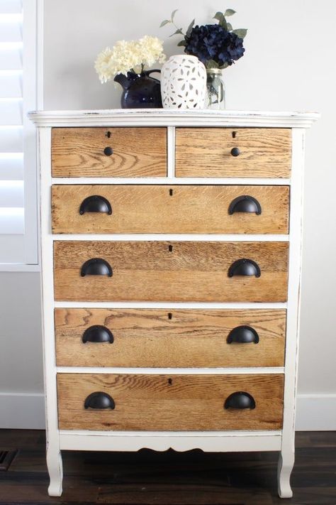 White And Wooden Dresser, Chalkpaint Dresser White, Repainted Dresser Ideas Farmhouse, Dresser Staging Ideas, Dresser Makeover White And Wood, White And Stained Dresser, Farm Style Furniture, 2 Tone Dressers, Painted Wooden Furniture Ideas