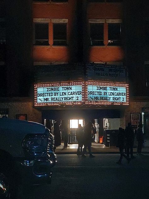 movie theater aesthetic movie filming zombies night time Movie Theater Asthetic Picture, Movie Trailer Aesthetic, 1920s Movie Theater, 80s Cinema Aesthetic, Small Town Movie Theater, Halloween Movie Theater, Thriller Movies Aesthetic, 70s Movie Theater, Scary Movie Night Aesthetic