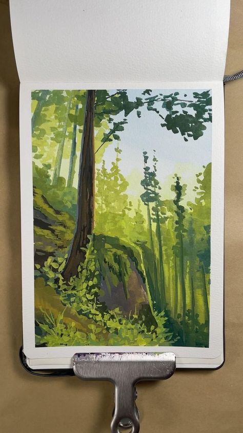 Gauche Tutorial, Gouache Illustrations Landscape, Gouache Ideas, Gouache Sketchbook, Gouache Landscape, Gouache Tutorial, Sketchbook Painting, Gouache Paint, Nature Watercolor