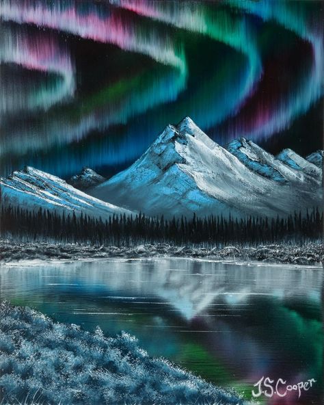 Bob Ross - Painting | My 21st oil painting ~”Northern Light Show” 16”x20” Bob Ross Northern Lights, Bobross Bob Ross Paintings, Bob Ross Paintings Tutorials Easy, Aurora Borealis Painting, Harry Potter Painting, Purple Painting, Bob Ross Paintings, Bob Ross, Realistic Paintings