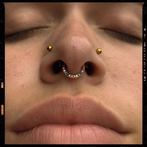 Double Nose and Septum Piercing Double Nose And Septum Piercing, Septum Nostril Combination, Nostril Piercing Both Sides, Double Nostril And Septum, Nose And Septum Piercing, Subtle Septum Piercing, Double Nose Piercing Different Sides, Nostril And Septum, Stacked Septum