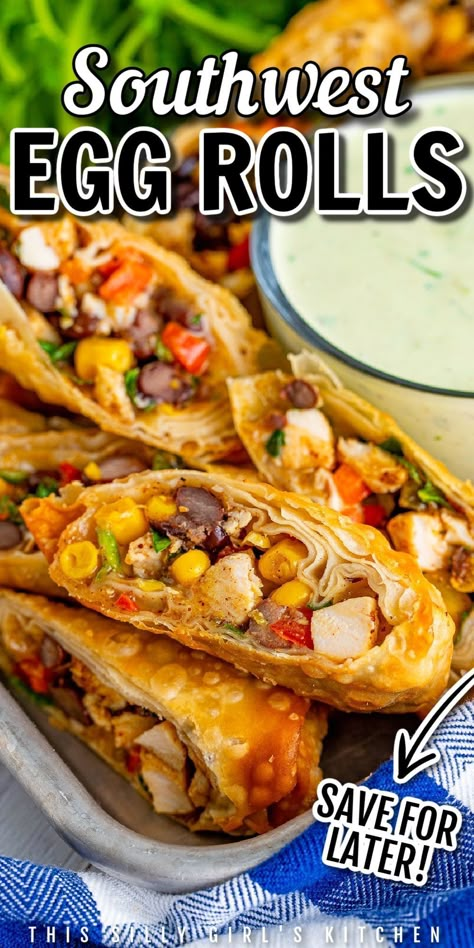 Southwest Eggrolls Recipe, Southwest Egg Rolls, Southwestern Egg Rolls, Chicken Egg Rolls, Crispy Egg, Restaurant Copycat, Delicious Appetizers, Avocado Ranch, Egg Roll Recipes