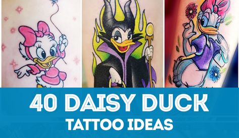 Huge list of ideas for Daisy Duck tattoo designs. Get inspired! This Disney icon has become a popular tattoo theme for his fans. Daisy Duck Tattoo, Daisy Duck Tattoo Ideas, Donald And Daisy Duck Couple Tattoos, How To Draw Daisy Duck, Daisy Duck Outfit Disney Inspired, Donald And Daisy, Disney Daisy Duck, Redhead Duck, Disney Icon