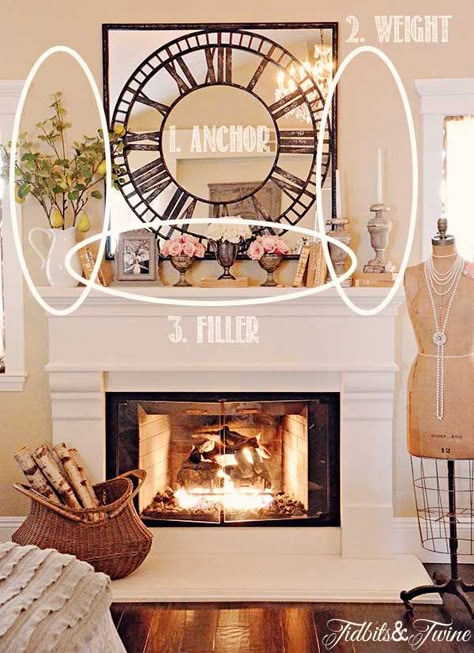 The general idea of accessorizing a mantel is good to follow - this mantel is a little too busy. Good to be simple. Mantel Styling, Fireplace Mantles, Mantle Ideas, Fireplace Mantle Decor, Fireplace Mantel Decor, Farmhouse Fireplace, Fireplace Makeover, Mantel Decorations, Fireplace Mantle