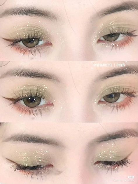 Green Soft Makeup Looks, Soft Green Makeup Looks, Green Douyin Makeup, Soft Green Makeup, Makeup Verde, Green Makeup Tutorial, Hoco Makeup Looks, Pretty Eye Makeup, Chinese Makeup