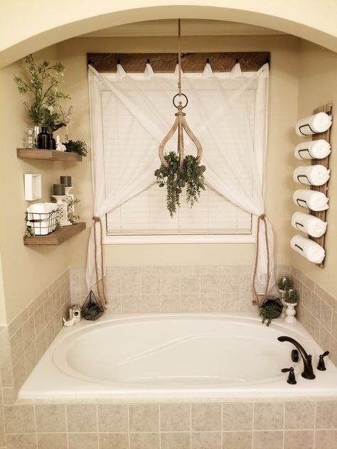 Garden Tub Decor Master Bath No Window, Behind The Tub Decor, Above Jacuzzi Tub Decor, Jacuzzi Decor Ideas Master Bath, Curtains Over Garden Tub, Decorating Around Bathtub Master Bath, Behind Bathtub Decor, Garden Tub Wall Decor, Bathroom Tub Curtain Ideas