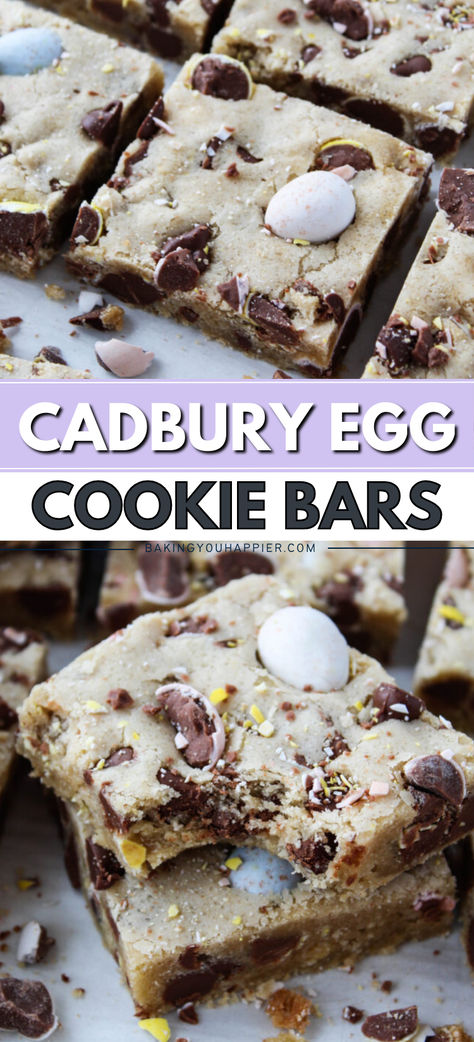 Mini Cadbury Egg Cookie Bars, these chewy chocolate chip cookie bars have chopped pieces of Mini-Cadbury Eggs packed into every bite! Chewy Chocolate Chip Cookie Bars, Sweet Easy Recipes, Cadbury Eggs, No Egg Cookies, Chocolate Chip Cookie Bars, Chewy Chocolate Chip, Chewy Chocolate Chip Cookies, Food For A Crowd, Best Dessert Recipes