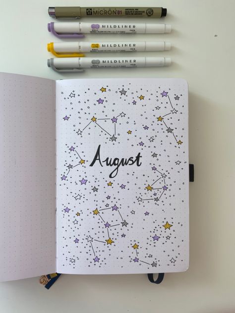 Star Bujo Theme, August Bujo Cover Page, August Journal Page, Bujo August Cover, August Cover Page Bullet Journal, August Journal Cover, Bujo Year Cover, August Journal Ideas, August Cover Page