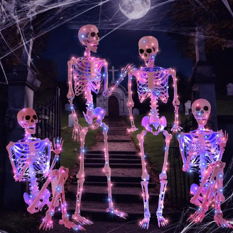 PRICES MAY VARY. Halloween Skeleton Set: you will receive 4 pieces of Halloween life size skeleton, they measure about 5 ft/ 165 cm from the top of the head to the toe, together with 4 pieces of string light, measuring about 65.62 ft/ 20 m, enough quantity and suitable size for indoor and outdoor decorations, they will add pleasant ambiance and charm to your Halloween decorations Enjoy DIY Fun: you can give our Halloween full size skeletons DIY dress decoration, use your creativity and imaginati Skeleton House Halloween, Kid Friendly Halloween Decorations Yard, Crazy Halloween Decorations, Neon Halloween Decorations, Fortune Teller Halloween Decorations, Halloween Skeletons Yard Funny, Halloween Garage Decorations, Skeleton Decorations Outdoor, Kid Friendly Halloween Decorations