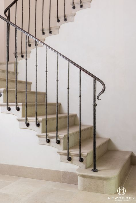 French Transitional Style Home Interiors - Stair Details, Custom Iron and Limestone French Staircase, Indoor Stair Railing, Iron Staircase Railing, درج السلم, Indoor Railing, Metal Stair Railing, Interior Stair Railing, Wrought Iron Stair Railing, Staircase Design Modern