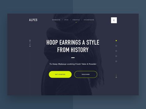 Alpes fashion blog splash page by Serhiy Ozhibko Splash Page Design, Onboarding App, Screen Cards, Digital Art Beginner, Daily Ui, Splash Page, Art Corner, Web Designs, Mobile Ui