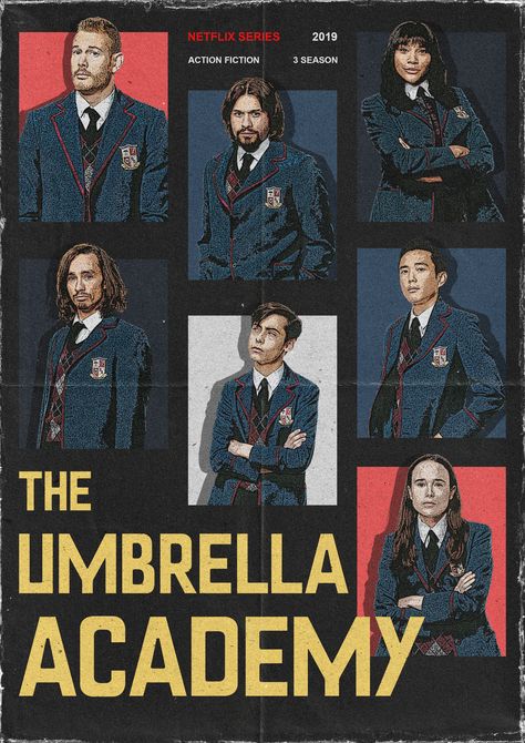 poster design, film poster, graphic design, graphic designer, brutalism design Umbrella Academy Poster Vintage, The Umbrella Academy Poster, Umbrella Academy Poster, Tshirts Ideas, Group Picture Poses, Poster Graphic Design, Poster Graphic, Group Picture, Dorm Posters