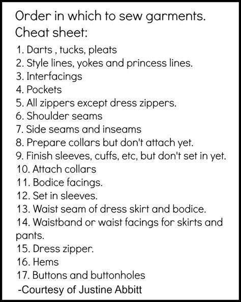 Order of garment construction. Diy Sy, Sewing 101, Sew Ins, Beginner Sewing Projects Easy, Ideas Crochet, Sewing Lessons, Sewing Projects For Beginners, Sewing Skills, Diy Couture