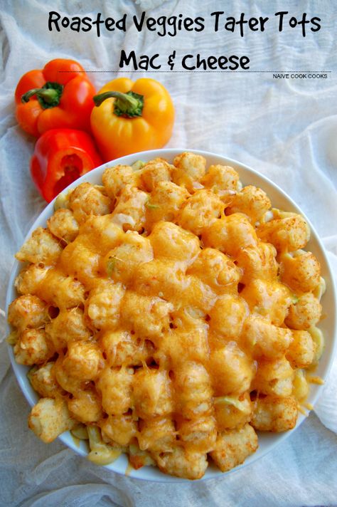 Make this delicious, cheesy, comforting MAC & CHEESE with TATER TOTS for your loved ones! #recipe #dinner #pasta #mac&cheese #tatertots #easy #simple #fromscratch Mac And Cheese Tater Tots, Macaroni And Cheese With Vegetables, Cheesy Tater Tot Casserole No Meat, Mac And Cheese Vegetables, Left Over Mac And Cheese Recipes Ideas Baked Macaroni, Cheesy Mac, Mac And Cheese Casserole, Dinner Pasta, Cheesy Mac And Cheese