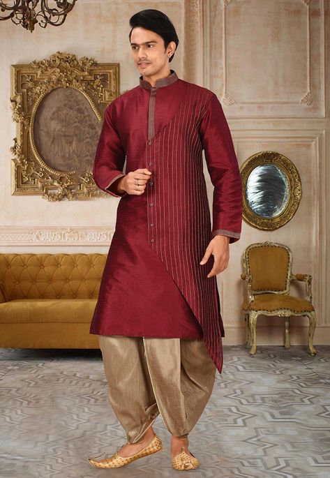 Readymade Art Silk Kurta in Maroon Allured with Buttons and Zari Work Available with an Art Dupion Silk Dhoti in Beige Do note: Footwear shown in the image is for presentation purposes only. Half to one inch may vary in measurement. (Slight variation in actual color vs. image is possible) Men Kurta Wedding, Red Kurta Men, Dhoti Sherwani, Mens Indian Wear, Wedding Kurta For Men, Kurta Pajama Men, Red Kurta, Kurta Men, India Wedding