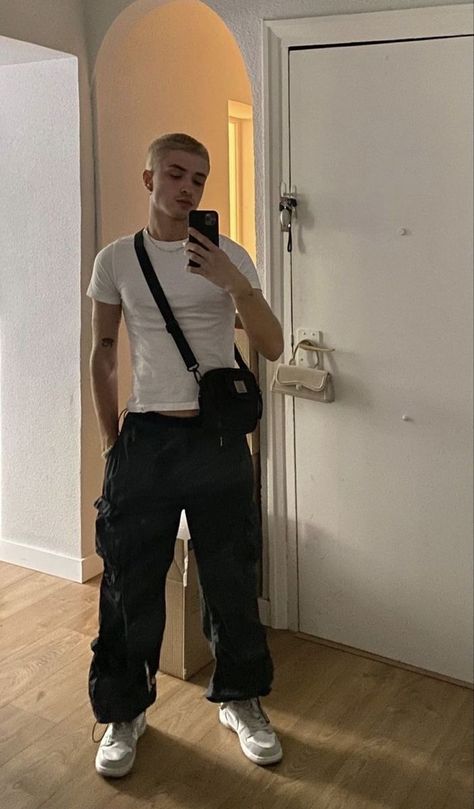 White tee, parachute pants , sneakers Parachute Pants Mens, Black Cargo Pants Outfit, Parachute Pants Outfit, Cargo Pants Outfit Men, Women's Cargo Pants, Cargo Outfit, Men's Cargo Pants, Pants Outfit Men, Trendy Boy Outfits