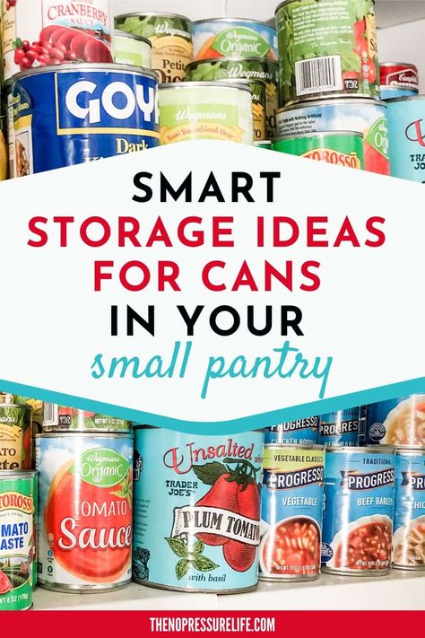 Looking for canned food storage ideas? These are some seriously smart ways to organize cans in your small pantry and kitchen cabinets! Canned Food Storage Diy, Cabinet Can Storage, Organize Cans In Pantry, Can Organizers For Pantry, Soup Can Organization, Canned Food Organization, Canned Food Storage Ideas, Canned Good Storage, Food Storage Ideas