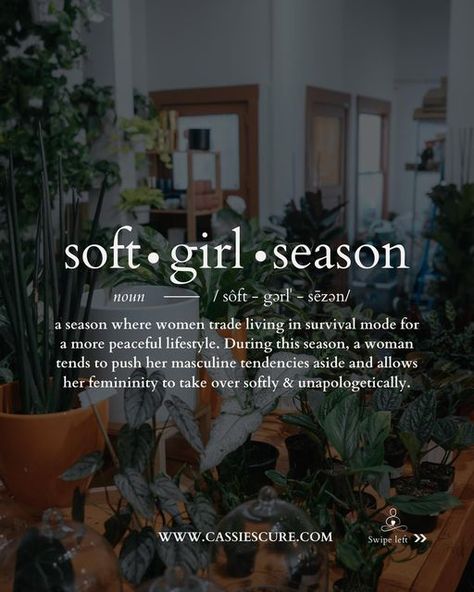 Self-Care Coach + Wellness Consultant on Instagram: "what is a soft girl season?! 👀 A few of you reached out asking what is a soft girl season so today, i figured I’d share the different ways I define the season for myself. To me, a soft girl season is what YOU make it. It’s a season where you prioritize walking in your softness. It’s a season where you don’t operate in constant survival mode. During this season you’re taking the steps needed to prioritize your peace and your delicacy over ev Divine Feminine Spirituality, Soft Girl Aesthetic, Positive Self Affirmations, Self Care Activities, Self Motivation, Girls Life, Feminine Energy, Self Improvement Tips, Soft Girl