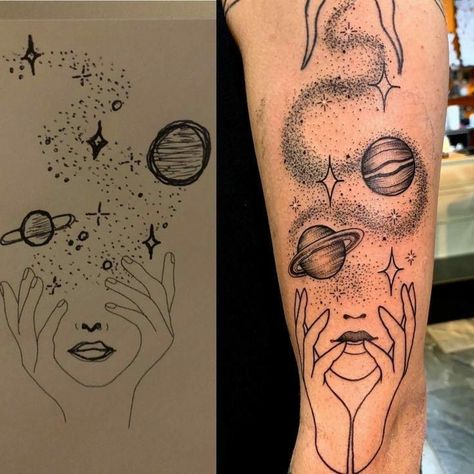 Space Tattoo Filler Ideas, I Am The Universe Tattoo, Moon Phase With Flowers Tattoo, Edgy Tattoos For Women Aesthetic, Daydreamer Tattoo, Astrological Tattoos, Society Tattoo, Planets Tattoo, Space Tattoo Ideas