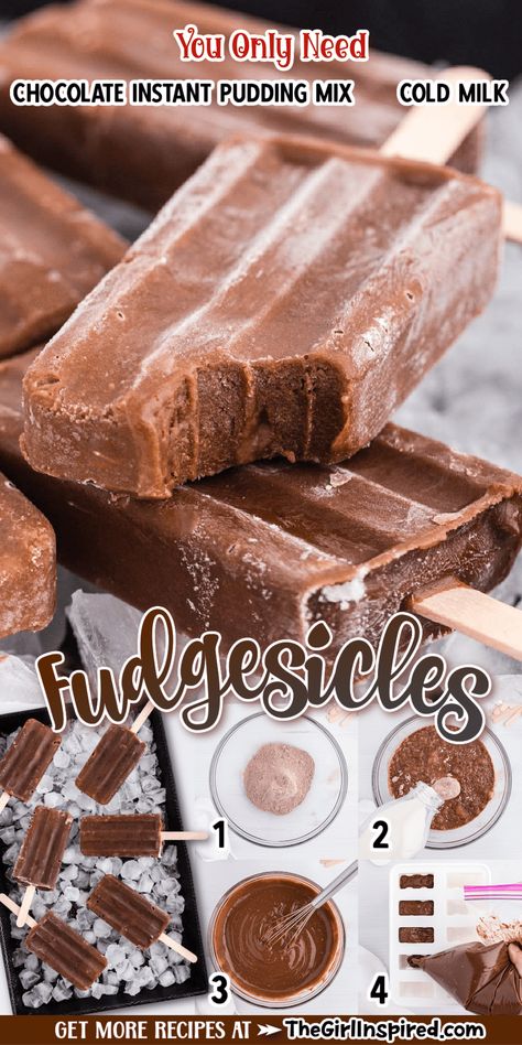 Nothing announces the start of summer more than a fresh batch of frozen Fudgesicles! These treats are incredibly easy to make with only two main ingredients - chocolate fudge instant pudding and milk! They're simple to make, great to store, and are loved by kids and adults alike! Fudge Popsicle Recipe, Chocolate Pudding Pops, Fudgesicle Recipe, Fudge Popsicles, Frozen Pudding, Frozen Treats Recipes, Chocolate Popsicles, Fudge Pops, Easy Puddings