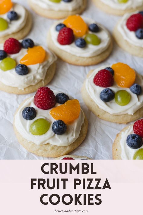 These easy Mini Fruit Pizza Cookies are one of my favorite Crumbl Copycat Recipes. They start with a simple sugar cookie base (no chilling required!) and are topped with a lemony whipped cream cheese frosting and mixed fruit of your choice. Whether you've tried Crumbl Cookies or not, you will love these easy Fruit Pizza Cookies! Fruit Pizza Dessert, Fruit Pie Cookies, Fruit Pizza Cookie, Cookies With Fruit On Top, Cookie Recipes Fruit, Copycat Crumbl Cookie Recipes, Cookie Fruit Pizza, Crumbl Copycat Recipes, Fruit Cookie